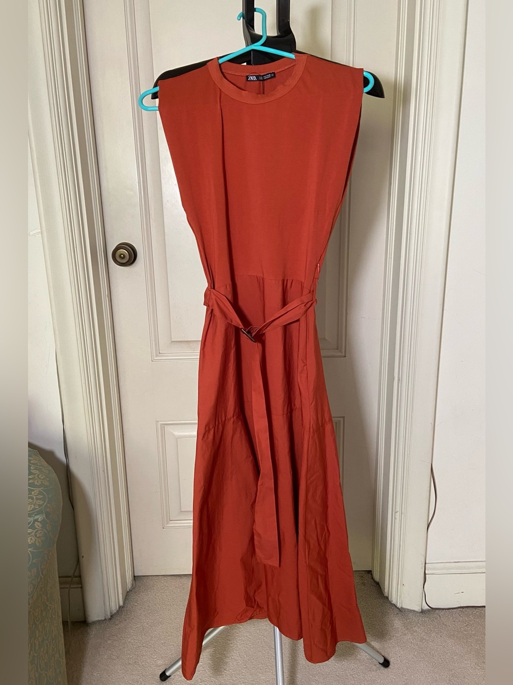 NEW ZARA Rust-Red Sleeveless Belted Maxi Dress
